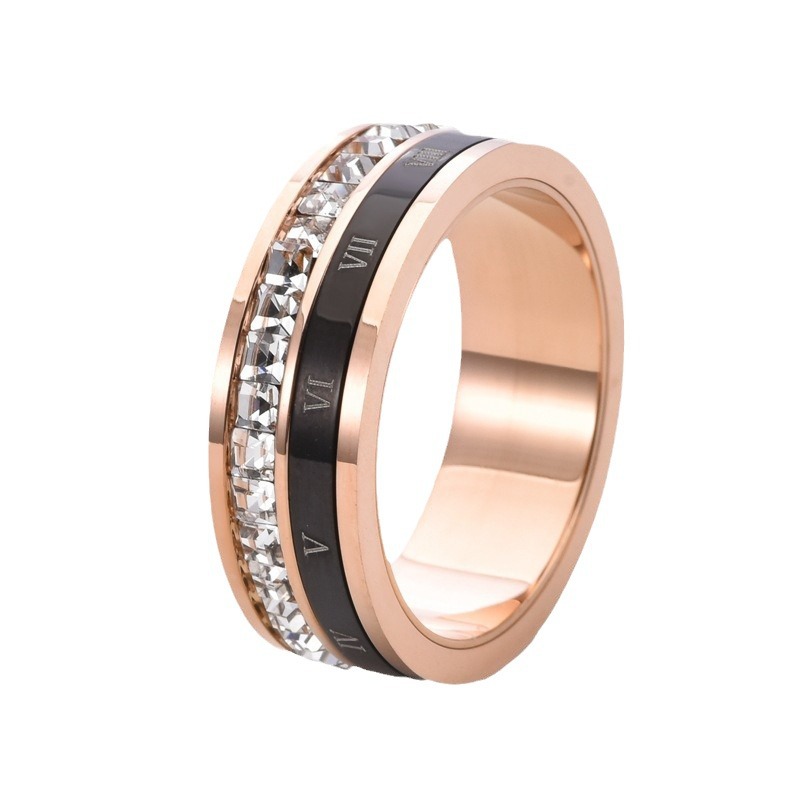 Roman Numeral Stainless Steel Single Row Square Stone Rotating Rings For Women Men Rose Gold Silver Wedding Band Couples Jewelry
