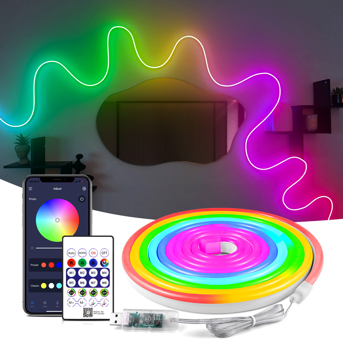 8MM 576LEDs/M Bluetooth RGB COB LED Strip Light USB LED Tape Ribbon TV BackLight Remote Dimmable Smart Night Light lightify