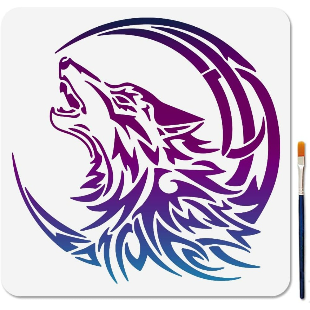 Wolf Moon Stencil 11.8x11.8inch with Paint Brush - Howling Wolf Stencil for Wood Wall Window DIY Craft Home Decor