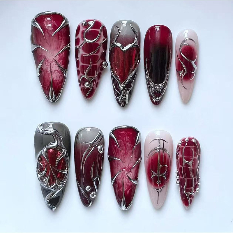 24pcs Bow Design Fake Nails Y2k Black Long Stiletto Press on Nails Sets Red Hot Girl False Nail Reusable Pearl Almond Manicure