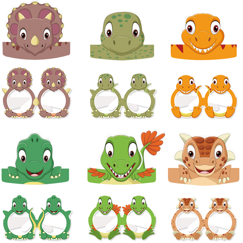 6pcs Cute Dinosaur Paper Hats Glasses Headband Jungle Safari Themed Party Decoration Boy Kid One 1st Birthday party Photo Props