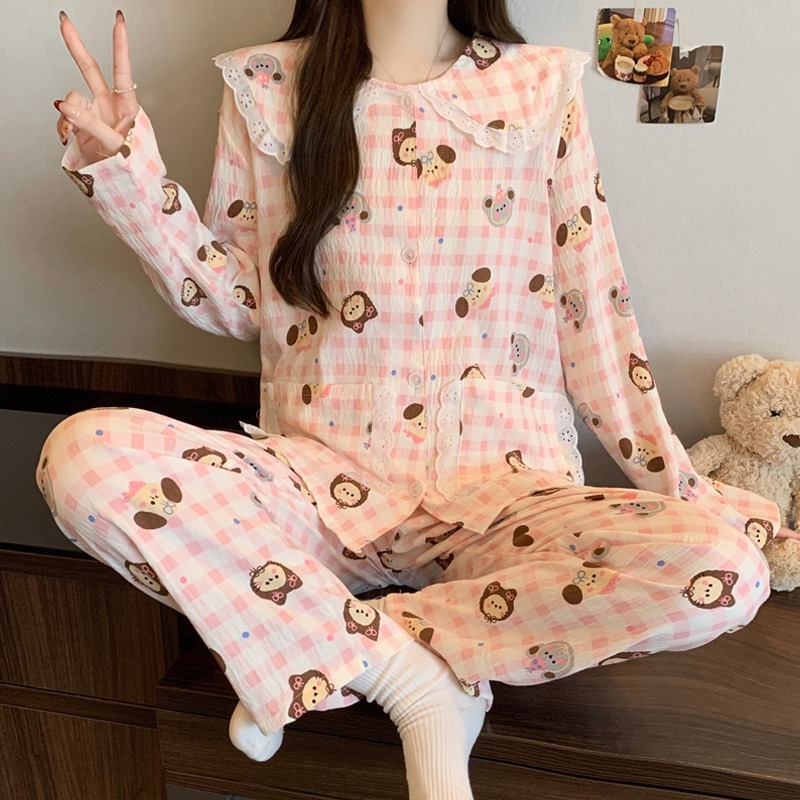 Korean Style Lace Plaid Cat Print Pajamas Set Sweet Cute 2026 Spring New 2 Pcs Women's Pajamas Fashion Casual Soft Nightwear
