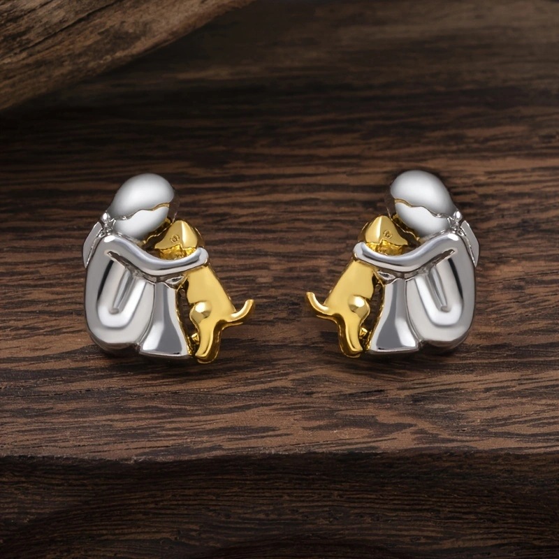 Fashion Gold Silver Plated Little Girl and Dog Stud Earrings Kawaii Puppy Earrings For Women Men