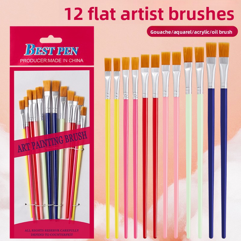 12 Pcs Round/Flat Head Plastic Rod Acrylic Paint Brush Gouache Watercolor Children's Painting Graffiti Use Nylon Hair Brush Set