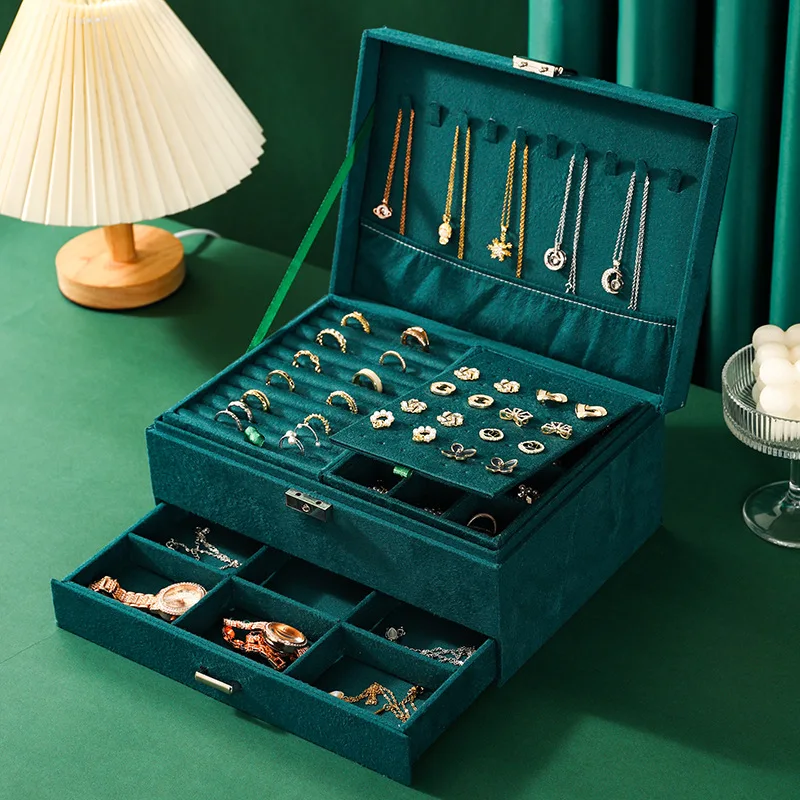 Green Velvet Jewelry Storage Box for Women 2025 New High-end Exquisite Large Capacity Travel Jewelry Bag Jewelry Box Organizer