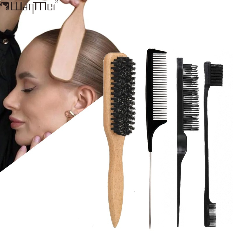 Professional Boar Bristle Hair Brush Set with Wood Handle - Anti-Frizz & Static Control - Scalp Massage Brush for All Hair Types
