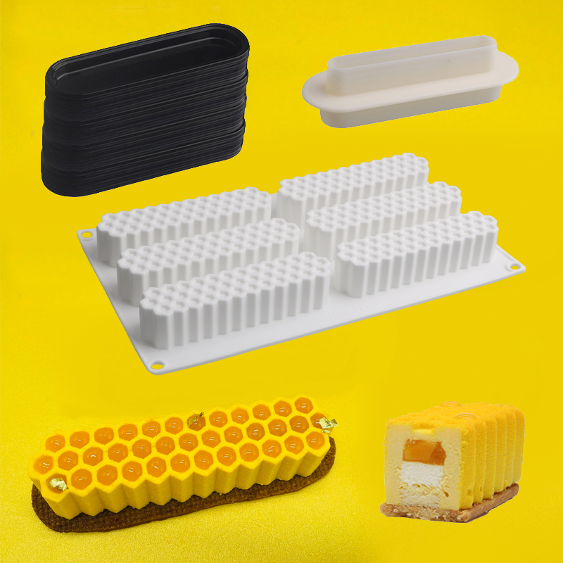 6 Cells Long Strip Honeycomb Shape Mousse Cake Mould Silicone Cake Mold Kitchen Bakeware Plastic Cutting Dies and Pastry Trays