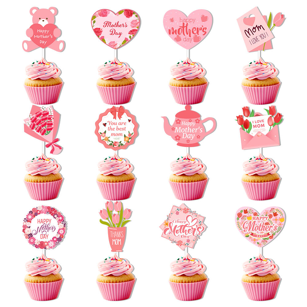 12/24pcs Happy Mother's Day Cake Toppers Pink Mom Letter Flower Decorative Mothers Day Birthday Party Cake Dessert Decor