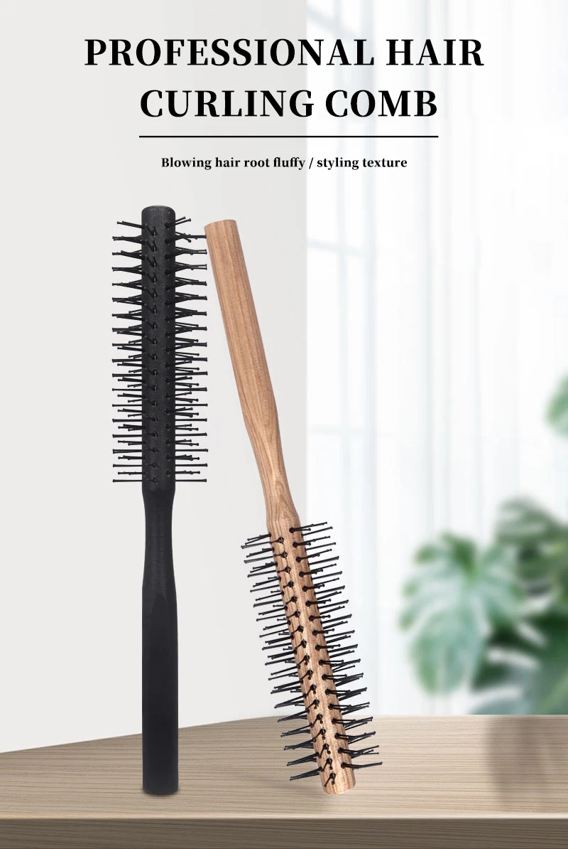 1pc Wood Handle Professional Salon Styling Drying Tool Round Hairdressing Curling Massage Roller Comb Special for real hair
