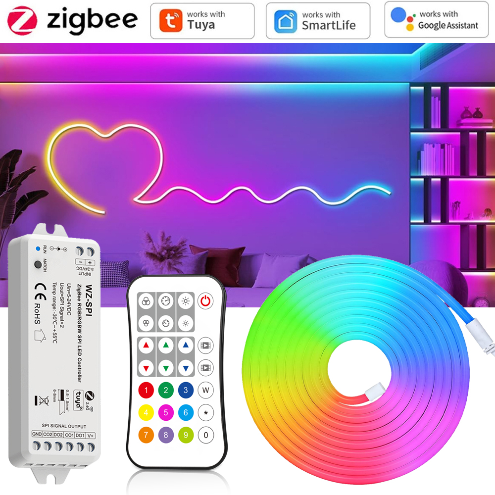 Tuya Zigbee 24V 5m 10m Neon RGBIC LED Strip Waterproof WS2811 Addressable Party Game Room Light RF Remote for Alexa Home