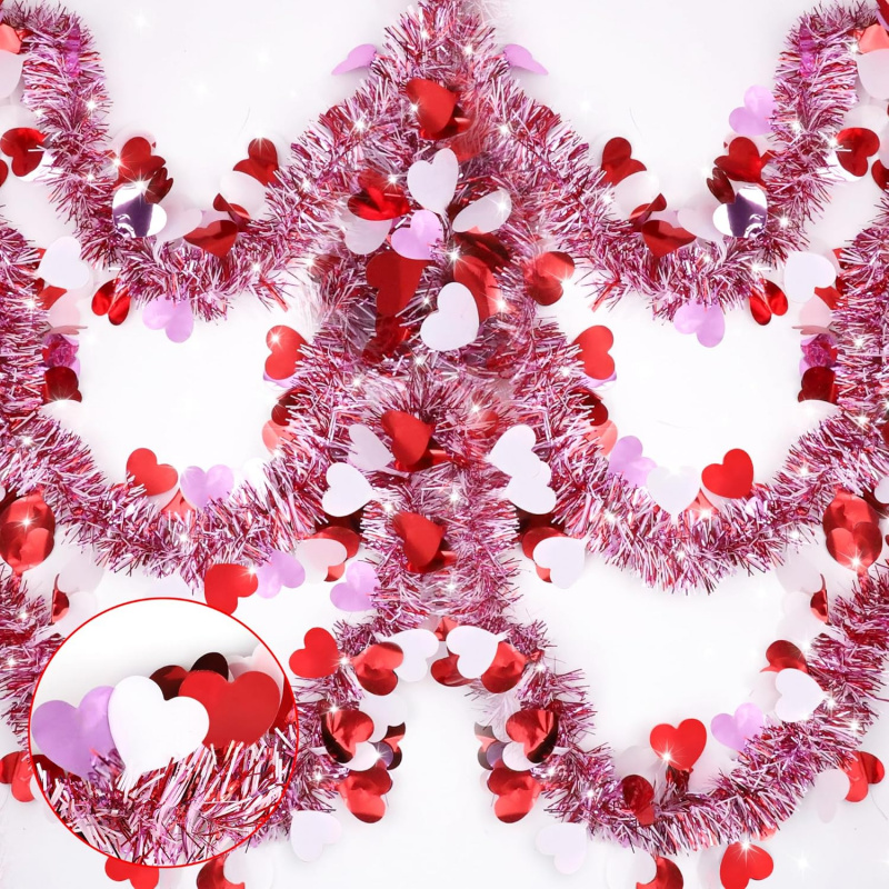 Uflower 2M Valentine's Day Tinsel Garland Red Heart Metallic Twist Valentine Garland for Home Wedding Party Decorations