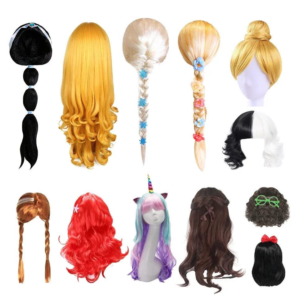 Children Princess Cosplay Wig Elsa Anna Girls Snow White Tangled Hair Braid Aurora Rapunzel Belle Accessorie