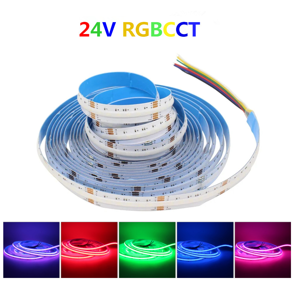 DC 24V 5M COB RGBCCT LED Strip Lights 840 LEDs/m High Density Dimmable Lighting Flexible RA90 FCOB RGB CCT LED Tape Ribbon
