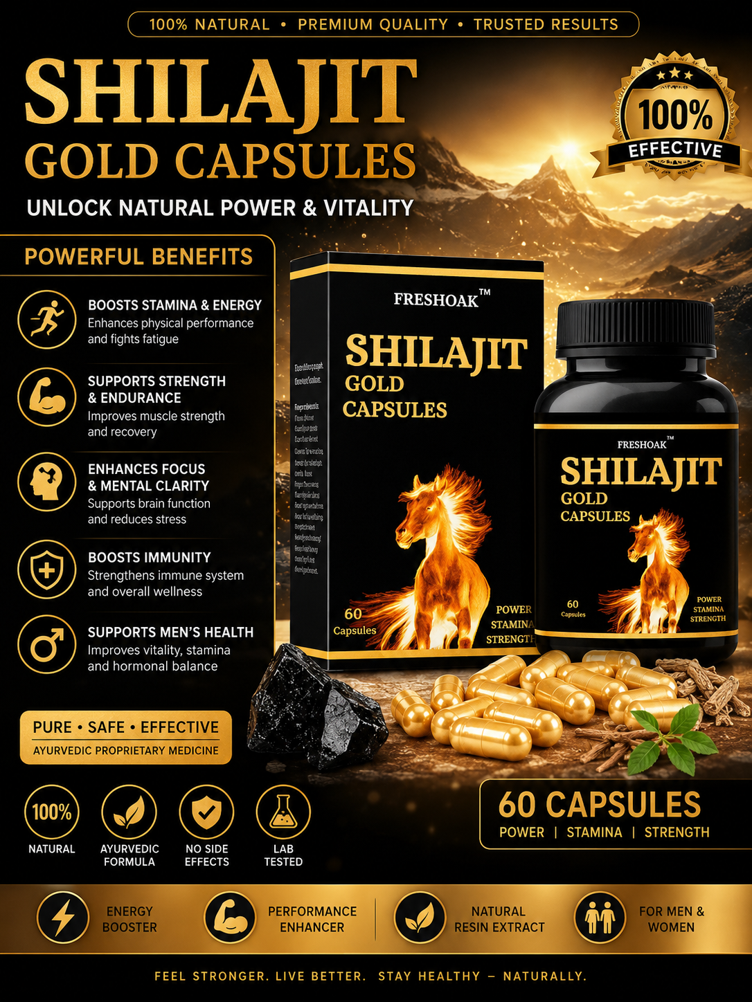 Shilajit Gold Capsules 60pcs | Energy Booster, Strength & Stamina Support Ayurvedic Supplement for Men & Women shilajit capsules, shilajit gold capsules, ayurvedic capsules, energy booster capsules, stamina capsules, vitality supplement, herbal wellness