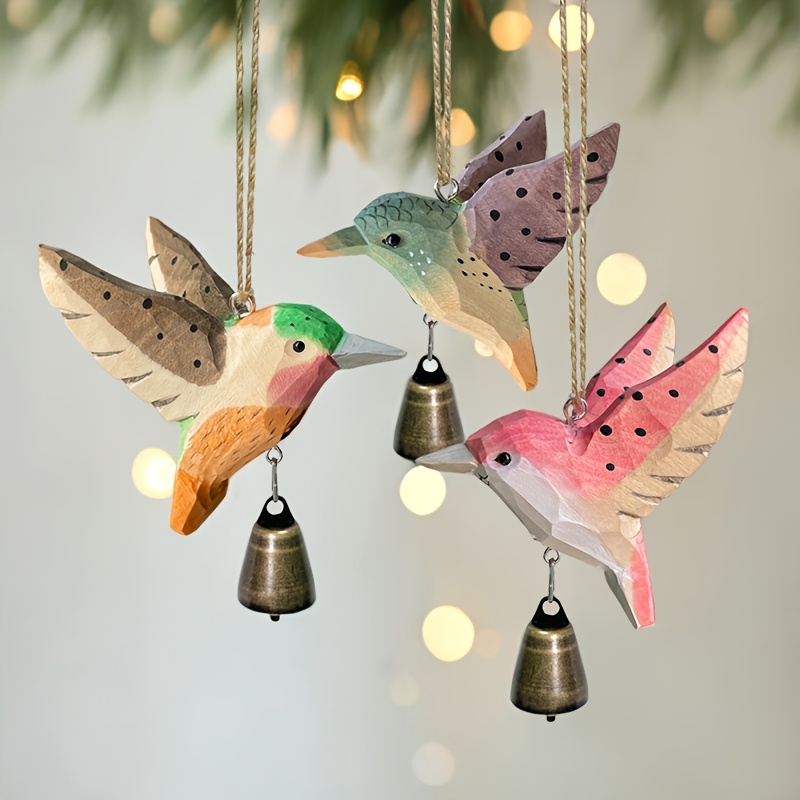 1pc Hand-Carved Solid Wood Hummingbird Wind Chime Pendant -Wood Grain Flying Bird Sculpture with Soothing Sound Rustic Farmhouse
