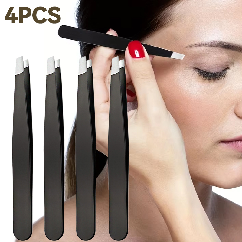 1/2/4PCS Stainless Steel Black Slant Tip Tweezers Eyebrow Trimmer for Ingrown Hair Nose Hair Facial Hair Blackhead Tick Remover