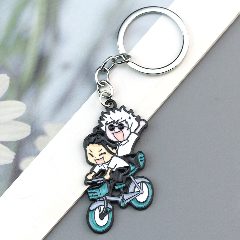 Animation JJK Gojo Satoru Geto Suguru Riding Bicycle Metal Enamel Keychains Necklace Keychains Cute Cartoon Cosplay