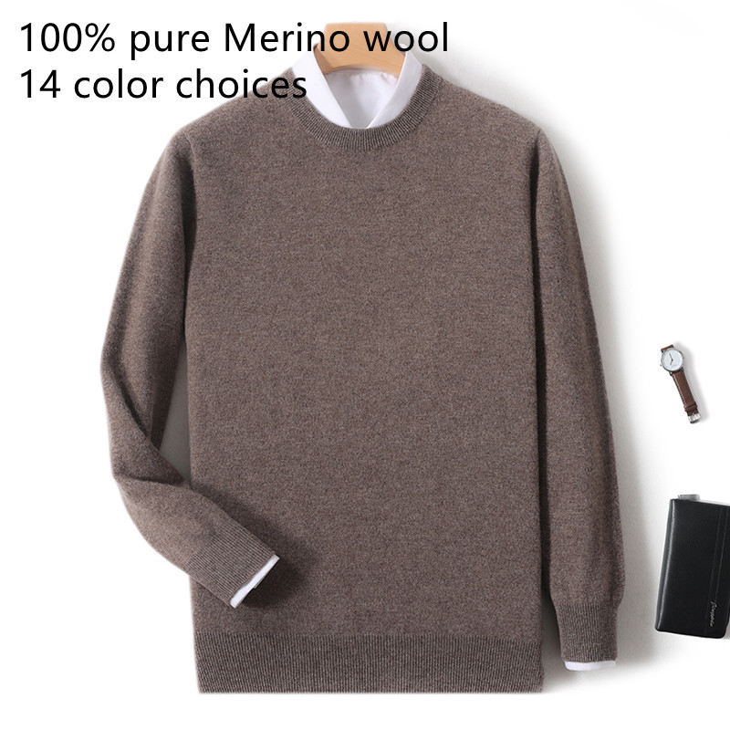 2025 100% Pure Merino Wool Men's Round Neck Pullover Solid Color Plus Size Casual Sweater Autumn And Winter Sports Cashmere Top