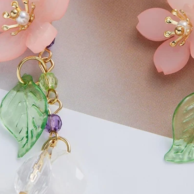 Sweet Romantic Pink Flower Leaves Earrings Women's Long Tassel Drop Earrings Elegant Holiday Party Gift Accessories