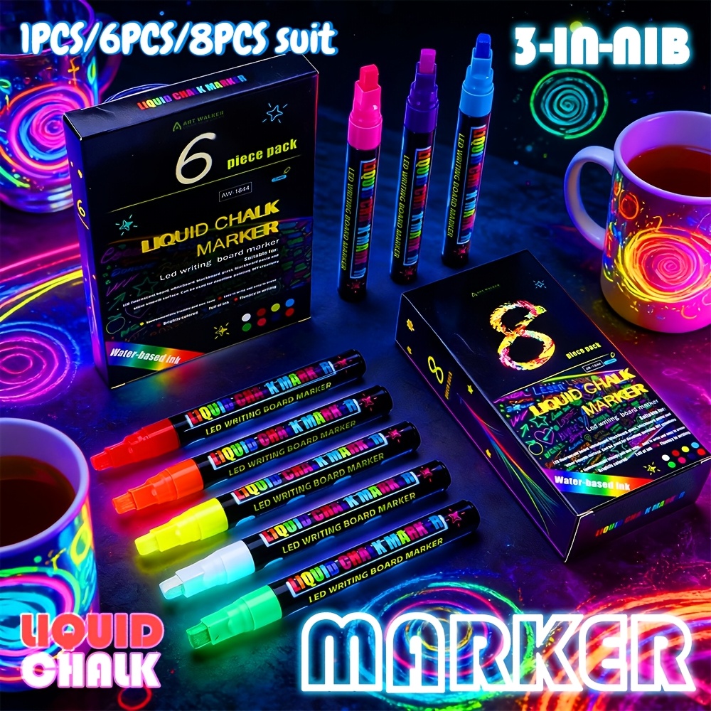 8pcs Wet Erase Liquid Chalk Marker Pens, Vibrant Random Color Chisel Tip, Smudge Proof & Easy Wipe for Home & Office