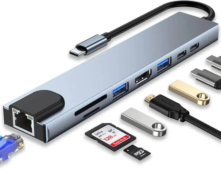 8 in 1 USB C Docking Station with RJ45 Port HDMI Port 4K Display SD Card Port USB 3.0 TF Card Port PD Charge Port USB 2.0 PD Data Transmission Port