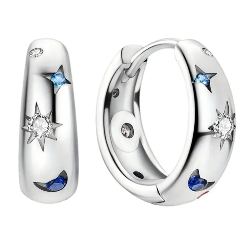 Fashion Simple Silver Color Earrings Women Creative Blue Rhinestone Star Moon Shape Personalized Wedding Jewelry Accessories