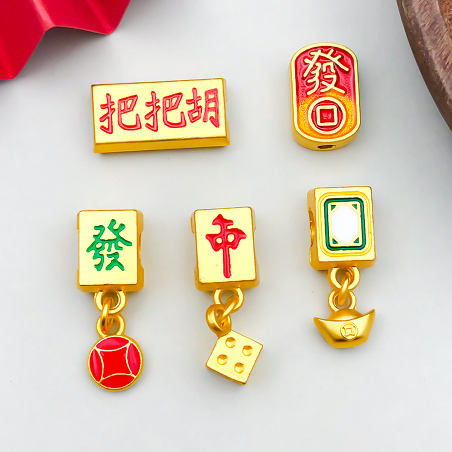 5/10pcs Vintage Matte Gold Alloy Mahjong Character Spacer Beads Set Charms for DIY Bracelet Necklace Earrings JewelryAccessories