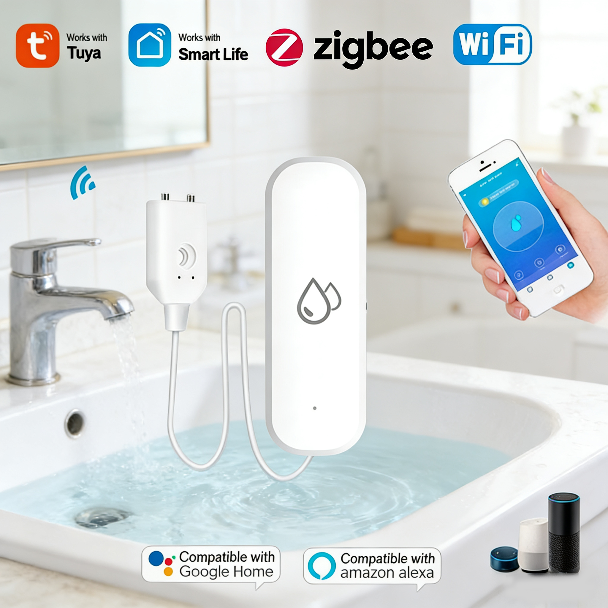 WiFi/Zigbee Water Leak Sensor Tuya Smart Life APP Flood Leak Detector Water Alert Overflow Alarm Home Security System Leakage