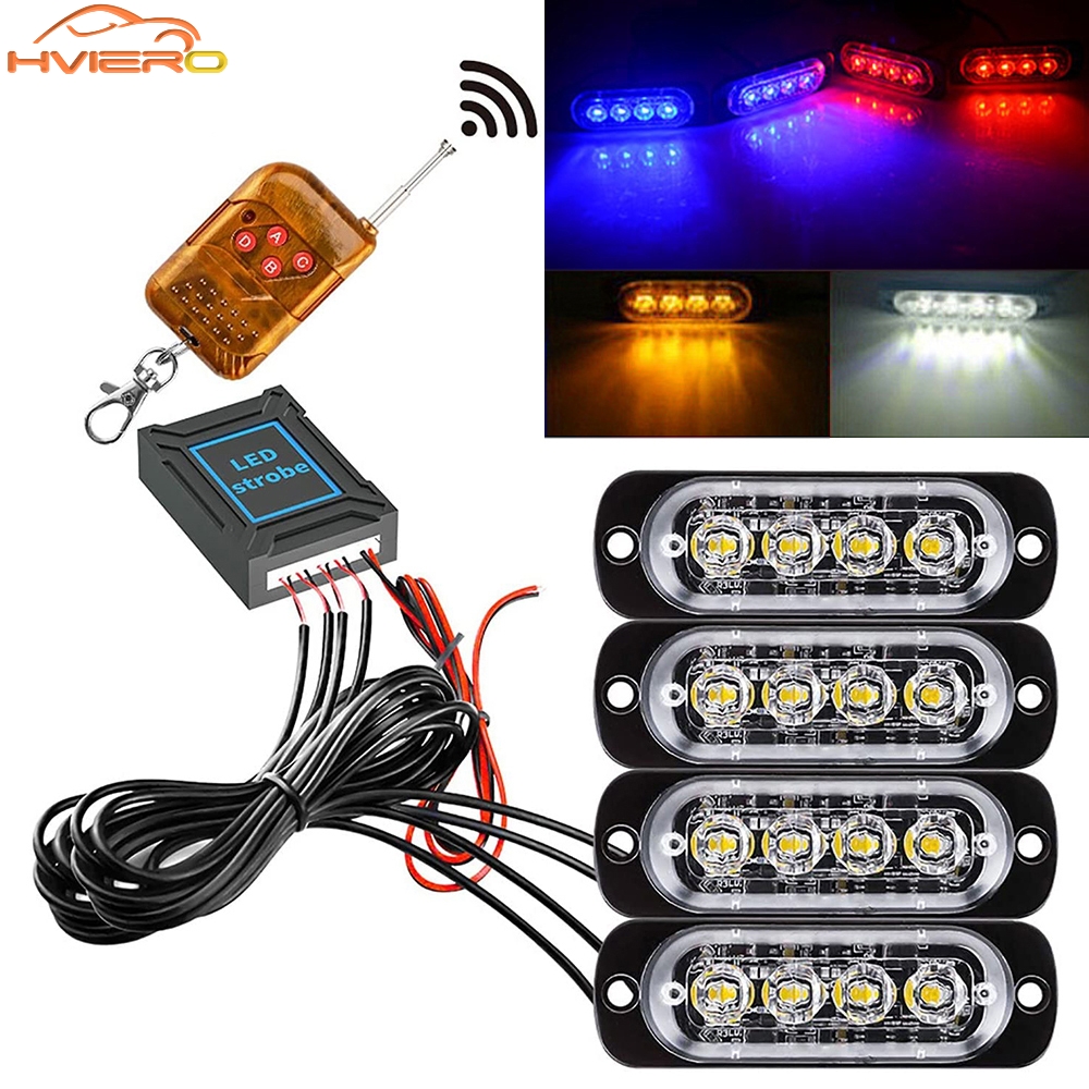 1X 4 in 1 Wireless Emergency Strobe DC 12-24V car Light Police Lamp Blue Red White Day Warning Signal Flashing Beacon Track Led