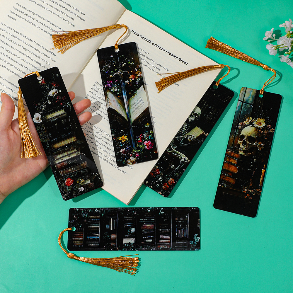Gothic Acrylic Bookmarks with Gold Tassels - Skull, Skeleton & Vintage Book Designs, Durable Page Markers for Dark Aesthetic
