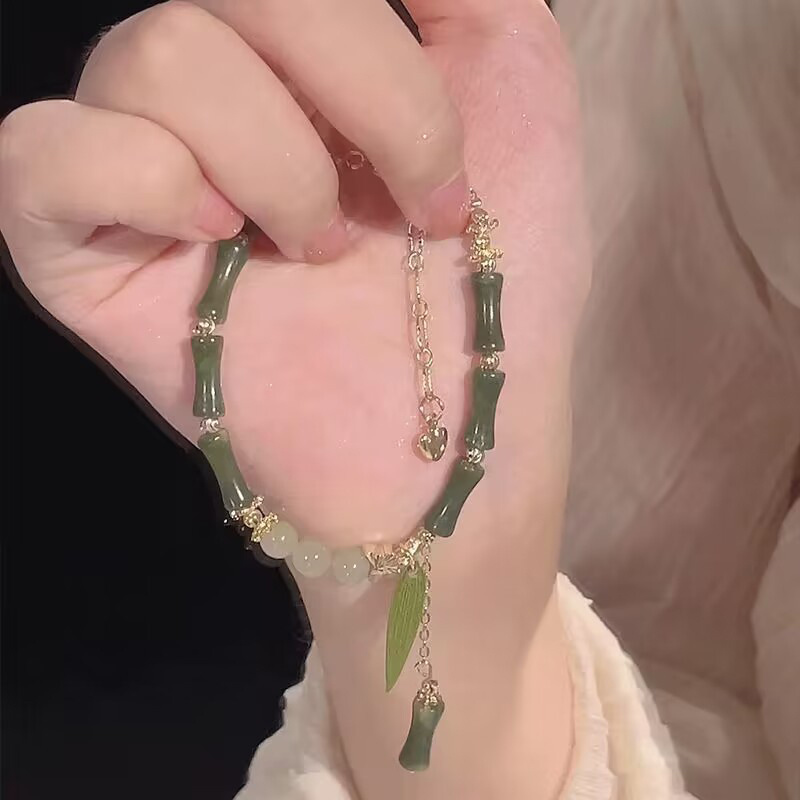 Trendy Green Bamboo Beads Women's Bracelet, Antique Chinese Style Accessory