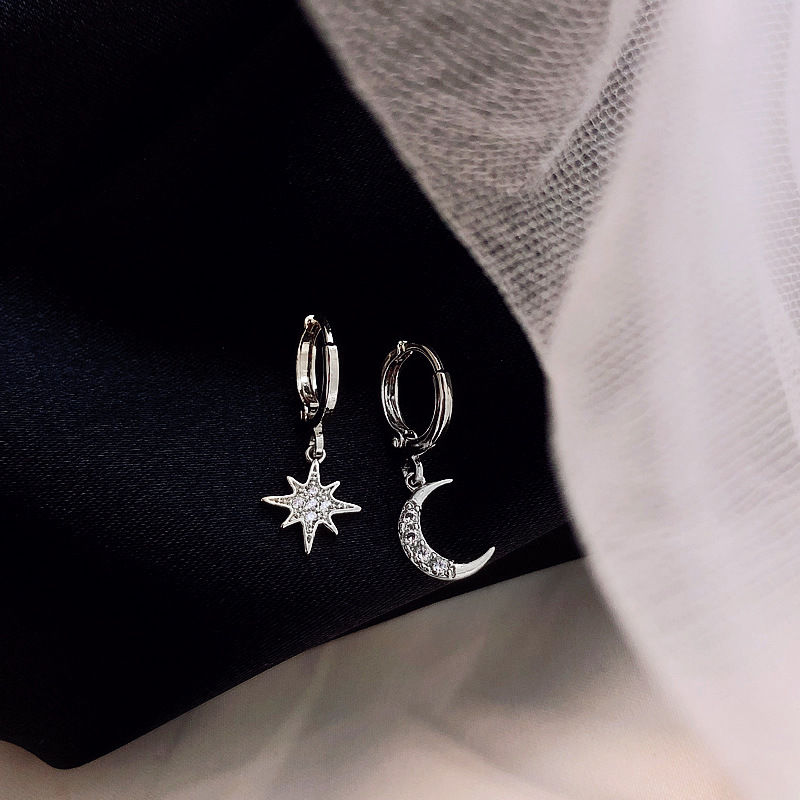 VENTFILLE 925 Sterling CZ Star Moon Asymmetric Hoop Earrings for Women Girls Gold Silver Color Party Jewelry s