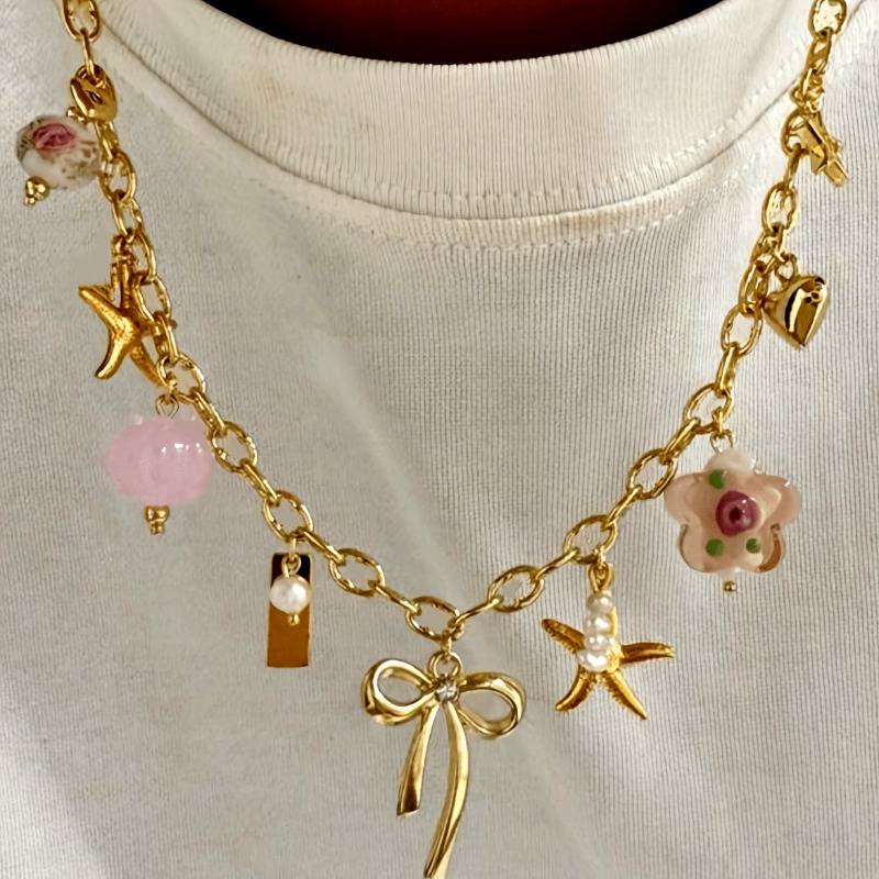 1pc Vintage Style Stainless Steel Charm Necklace for Women Starfish Bow Heart Pendants Fashion Jewelry for Daily and Party Wear pen gpt