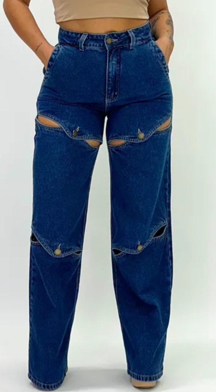 Women's High Waist Cut-Out Design Denim Jeans - Trendy Blue Wide Leg Fashion Pants