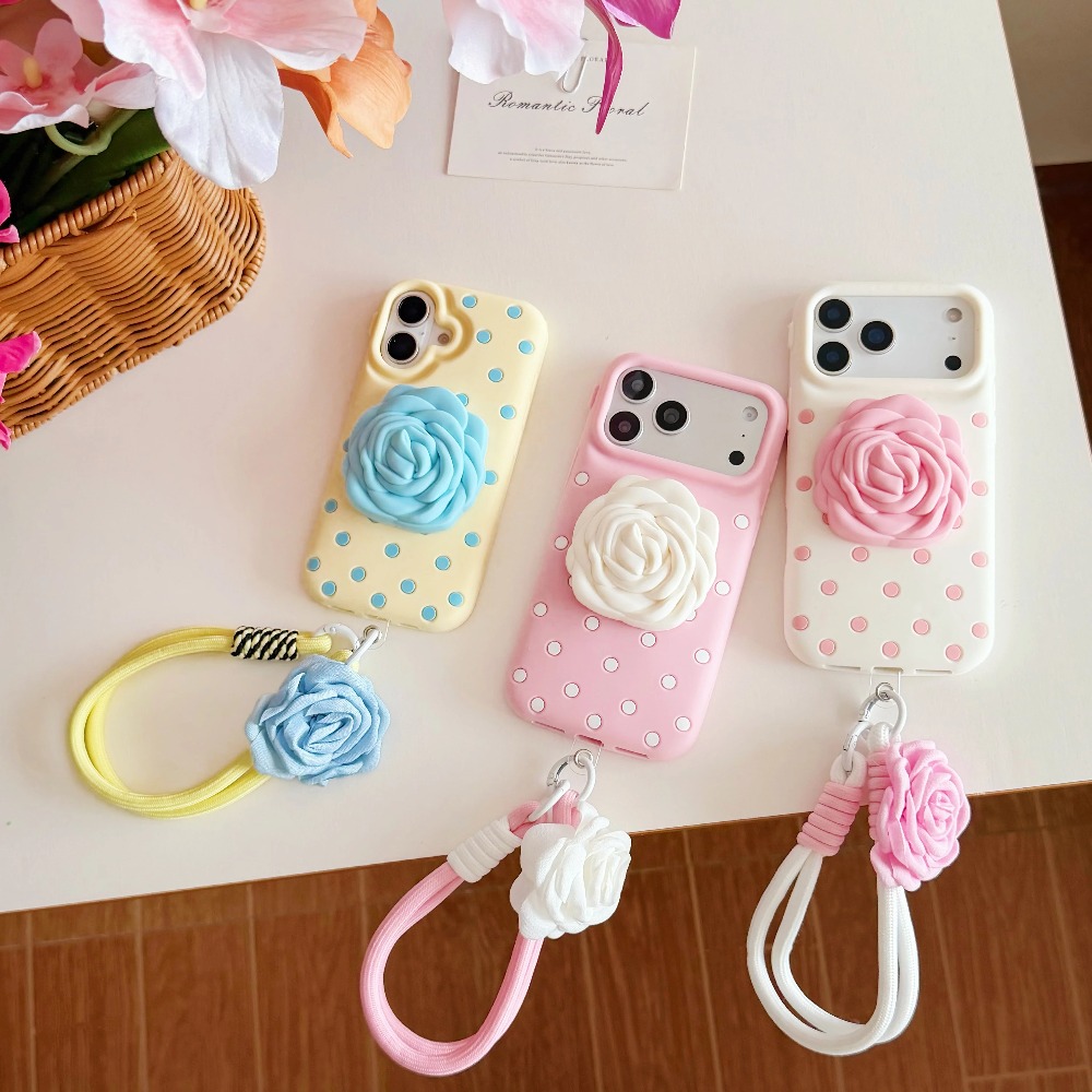 Cute 3D Rose Flower Folding Bracket Kickstand Polka Dots Case for iPhone 17 16 15 14 13 Pro Max Soft Silicone Wrist Strap Cover