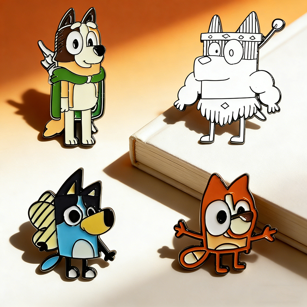 4pcs Bluey Bingo Cartoon Enamel Pins Set Creative Handsome Cattle Dog Brooches Metal Badges for Clothing And Backpack Accessorie