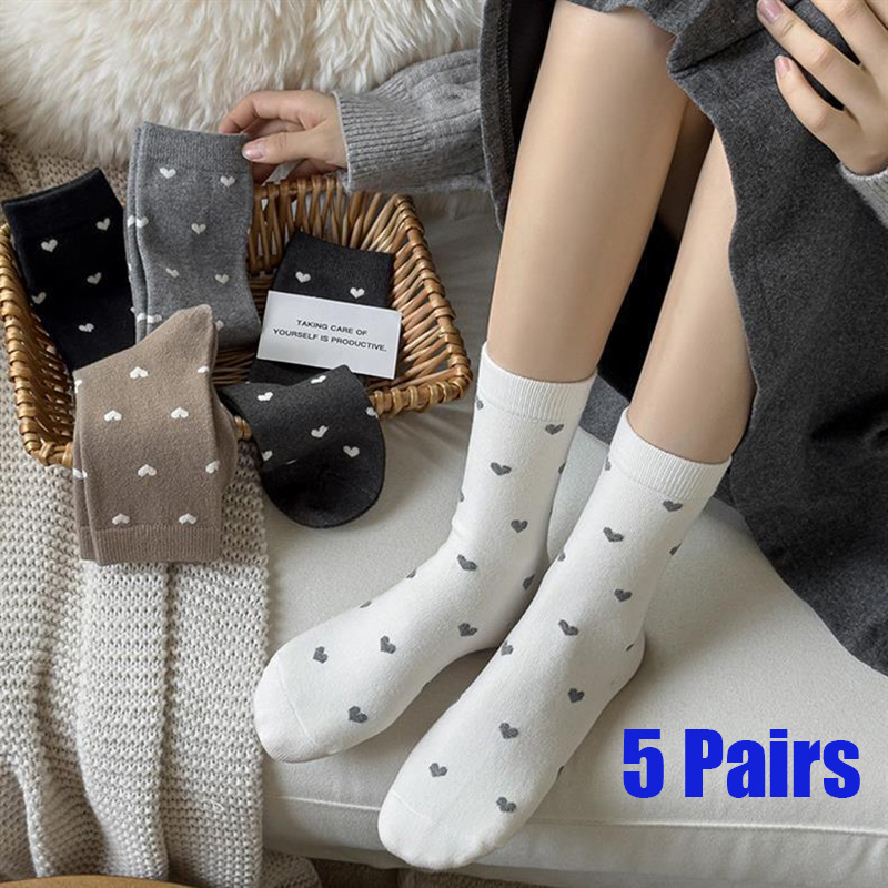 5 Pairs Autumn New Women's Socks Ins Japanese Korean Version Love Middle Tube Socks Trendy Versatile Long Tube Stacked Socks