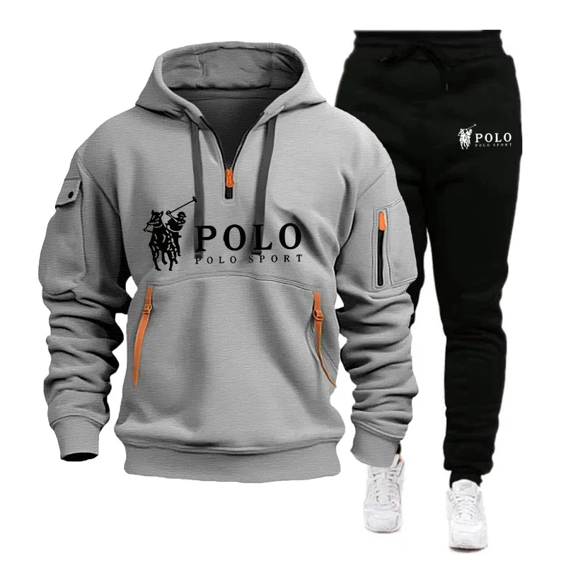 Autumn and Winter 2026 new Men's casual set, a fashionable outdoor hiking windproof and warm men's hoodie and pants 2-piece set