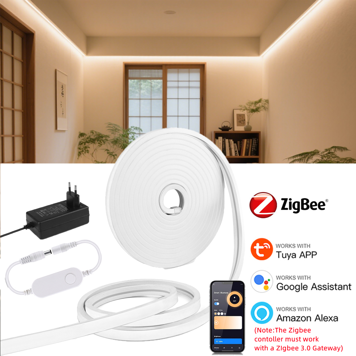 Tuya Zigbee 24V Neon LED Strip 1m-10m Waterproof Dimmable Smart Lamp HomeDecor APP Voice Control for Alexa Home Assistant