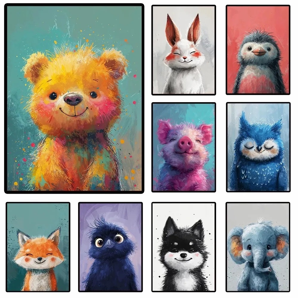 Colorful cute cartoon animal baby portrait canvas elephant penguin fox bear wall art canvas printed nursery home decoration