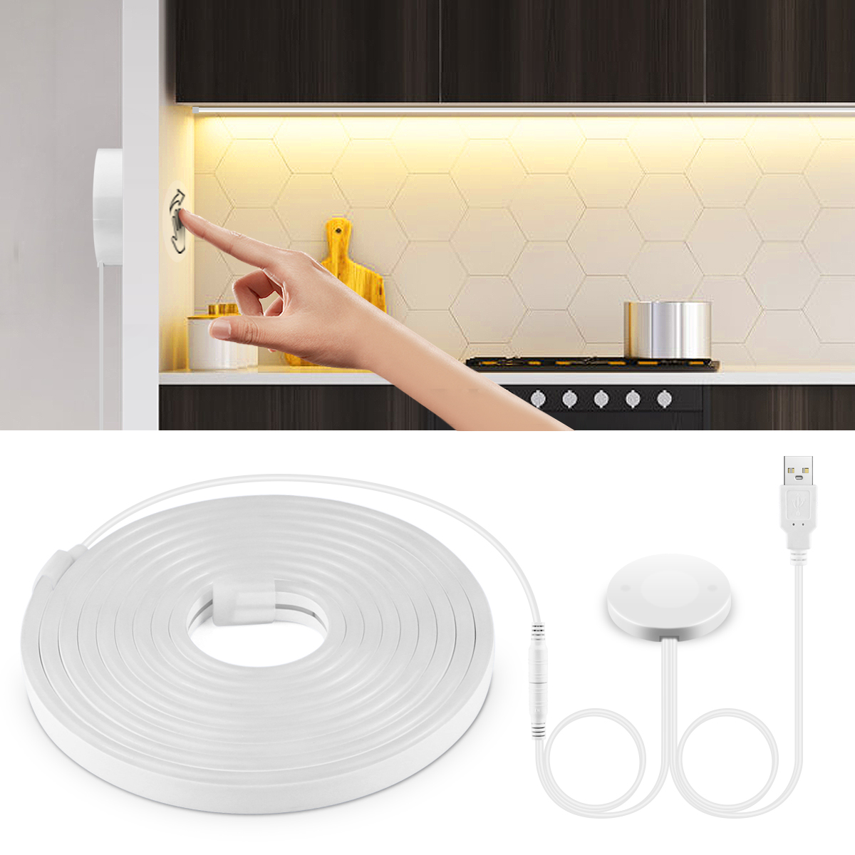Dimmable USB LED Under Cabinet Kitchen Lights 5V Neon Light Strip With Penetrating Wooden Touch Sensor Switch & Remote Control