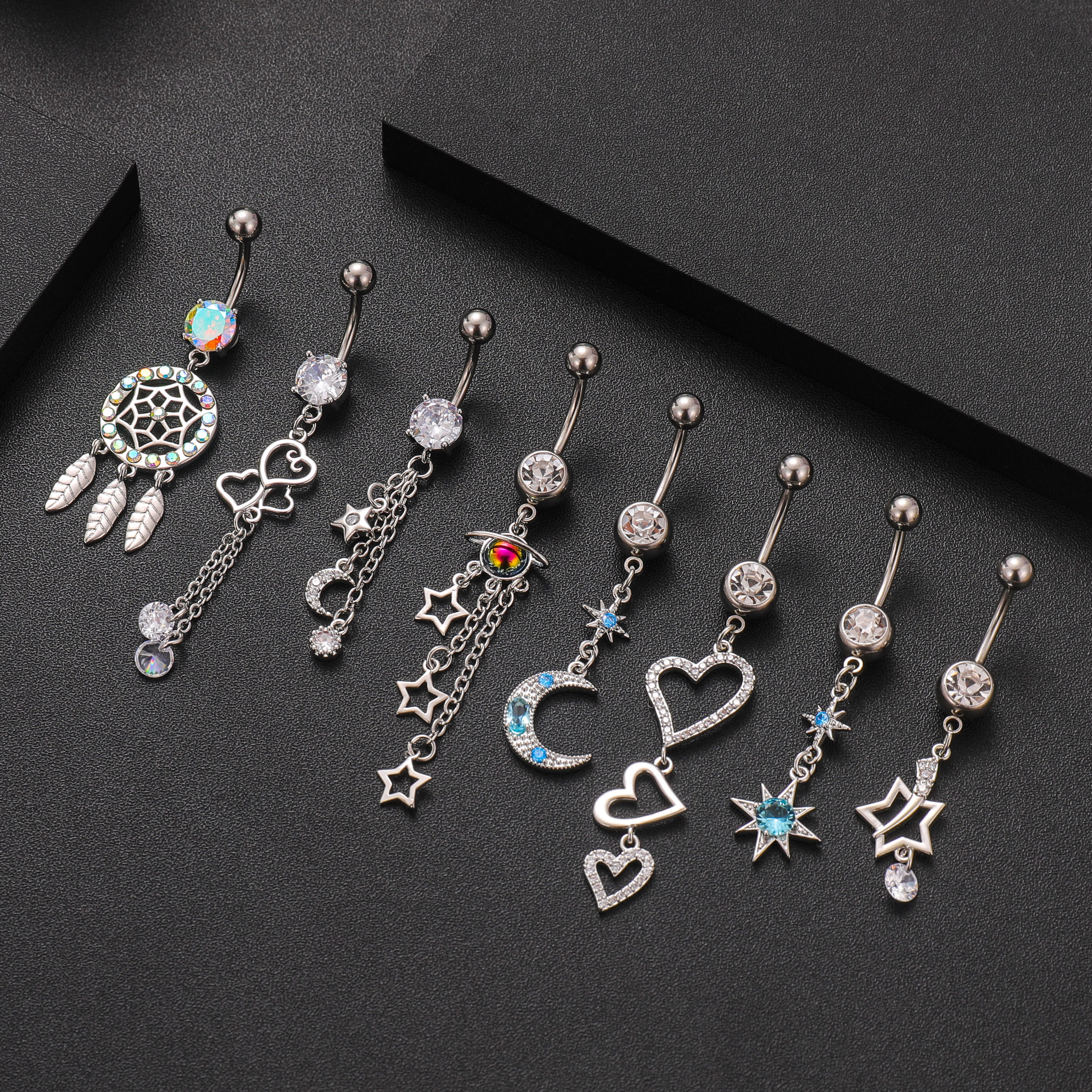 1pc Long Dangled Heart Star Chain Belly Ring Piercing 1.6*10 Length Body Belly Button Ring Stainless Steel Navel Piercings