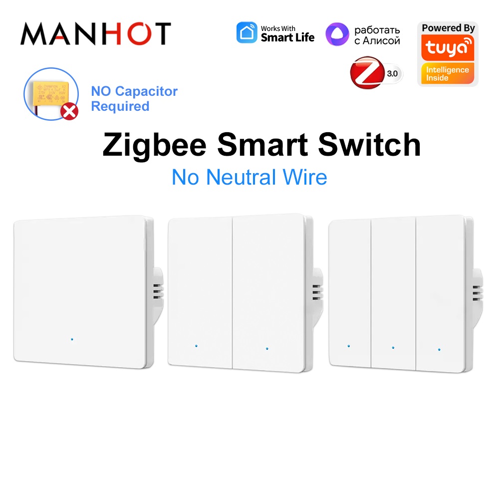 Tuya Zigbee 3.0 Smart Life EU Push Button Light Switch No Neutral Wire No Capacitor Need Support Alexa Google Home Yandex Alice lightify
