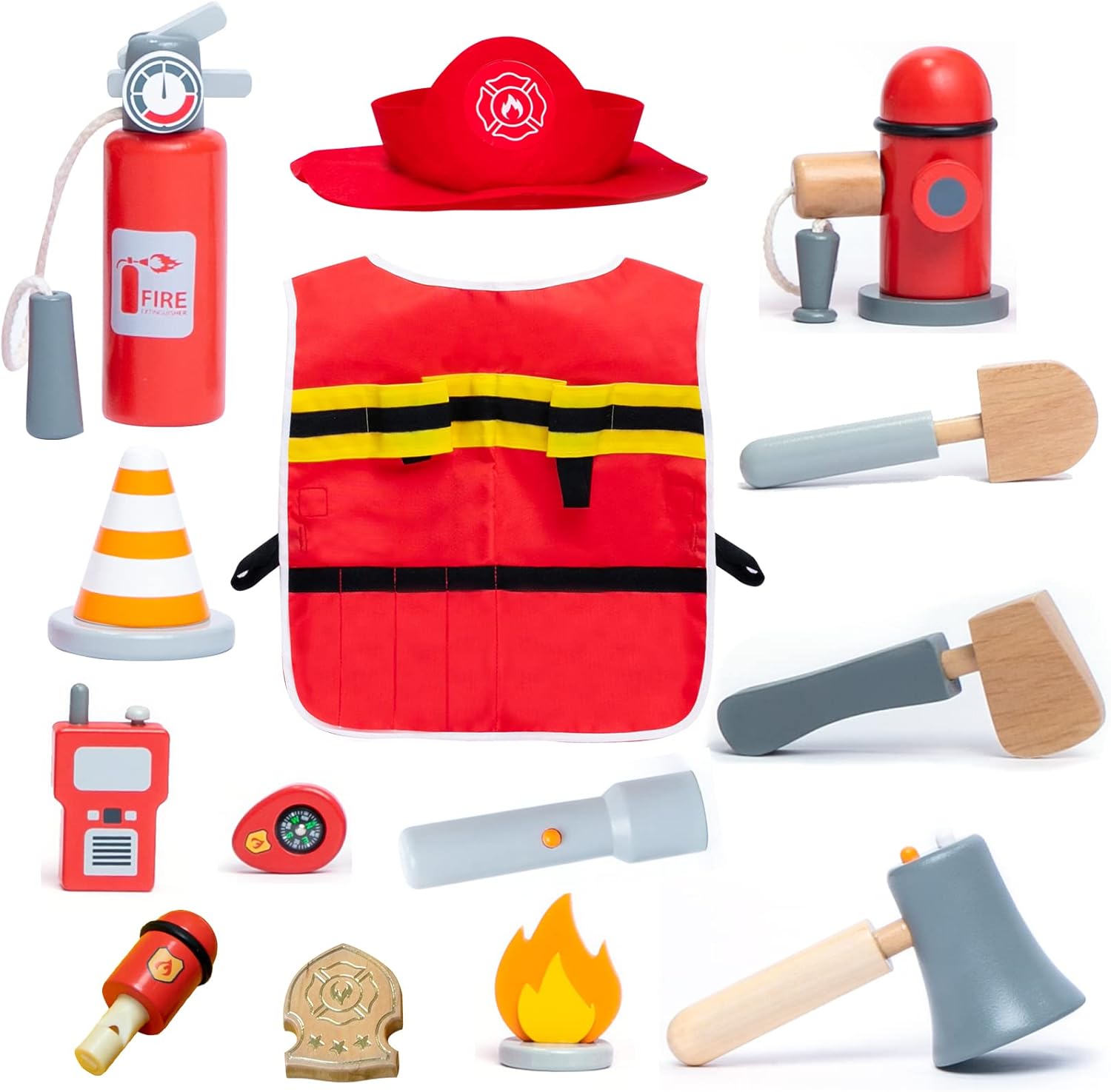 Firefighter Costume for Kids, Toy Wooden Fireman Role Play Firefighter Accessories with Extinguisher and Hydrant,