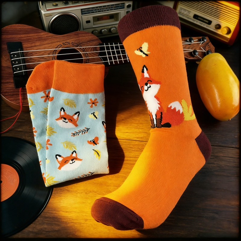 1 pair Fun Leopard Head Print Mid-Calf Socks Brown Contrast Stylish Socks