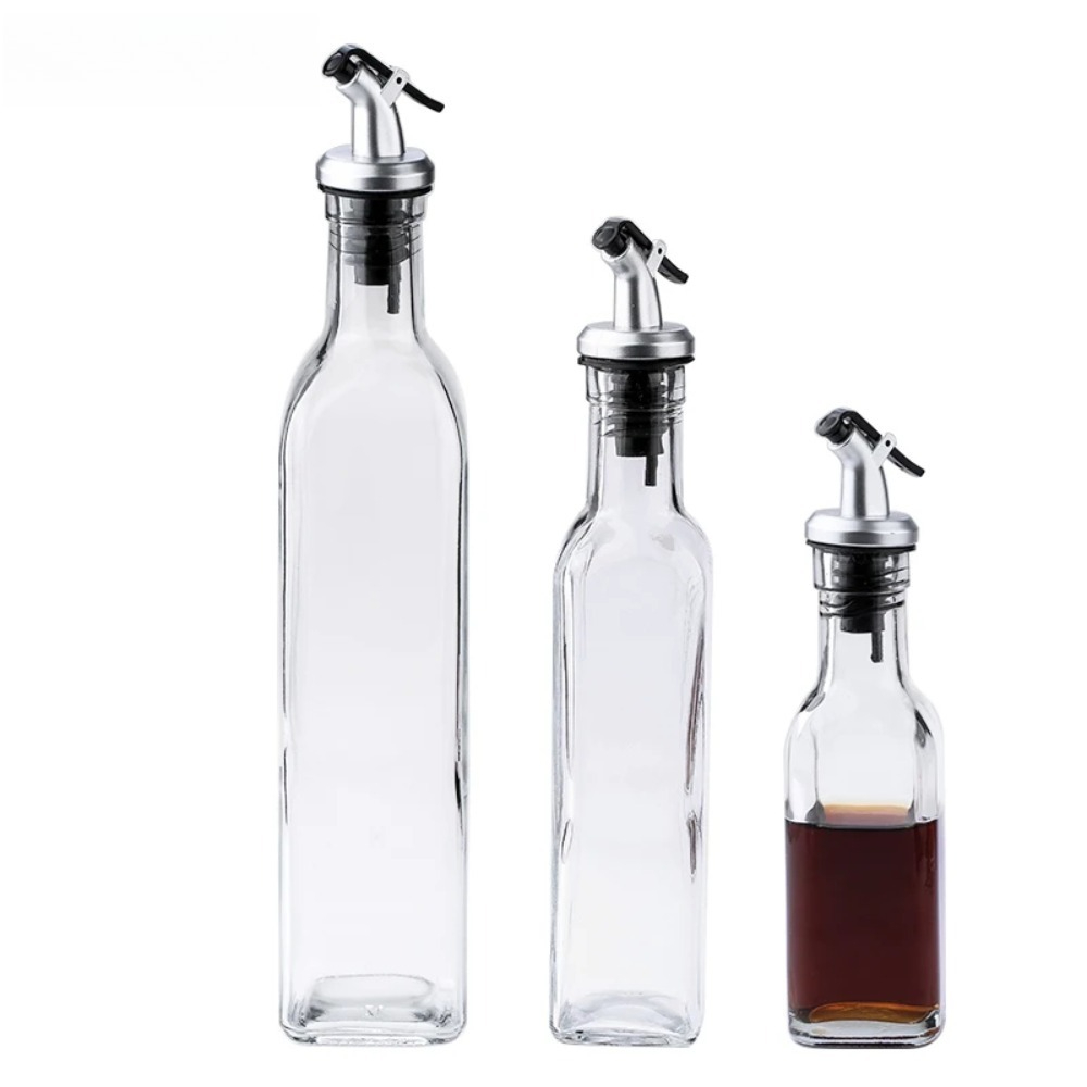 1 Pcs Seasoning Jar Transparent Glass Olive Oil Pot Kitchen Seasoning Soy Sauce Vinegar Press Leak-proof Seasoning Bottle 500ML