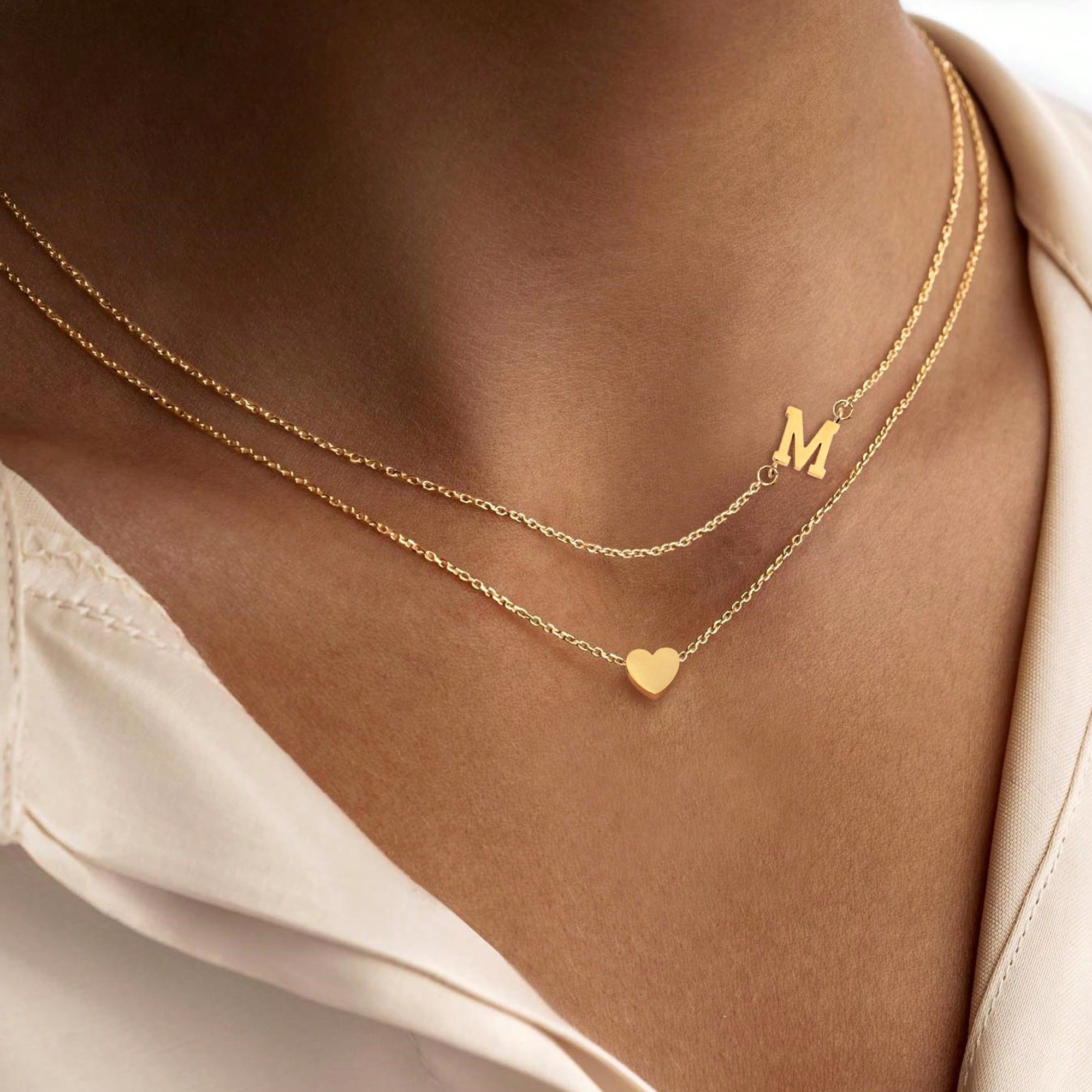 2Pcs/Set Classic Gold Color Initial Bow Pendant Lip Chain Choker Stainless Steel Layered Chain Necklaces For Mother's DayGift