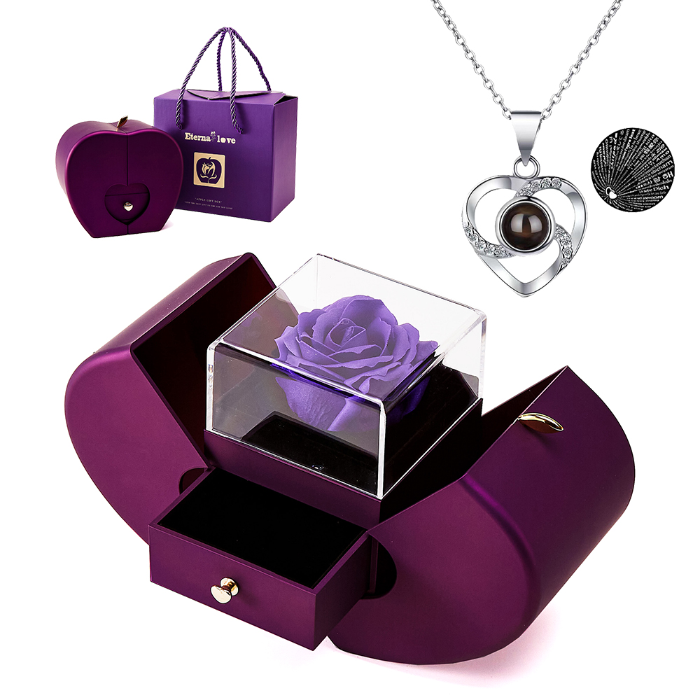 Projection Necklace Set With Rose Gift Box 100 Languages I Love You Heart Pendant Jewelry Accessories Dropshipping