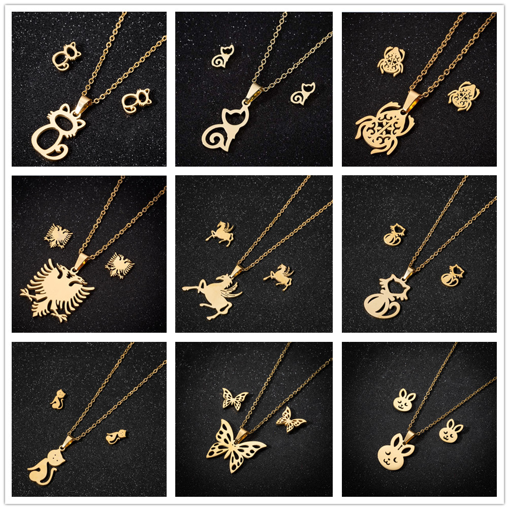 Cute Cat Animal DIY Jewelry Set for Women Gold Color High Quality Stainless Steel Necklace And Earrings Wholesale Accessories