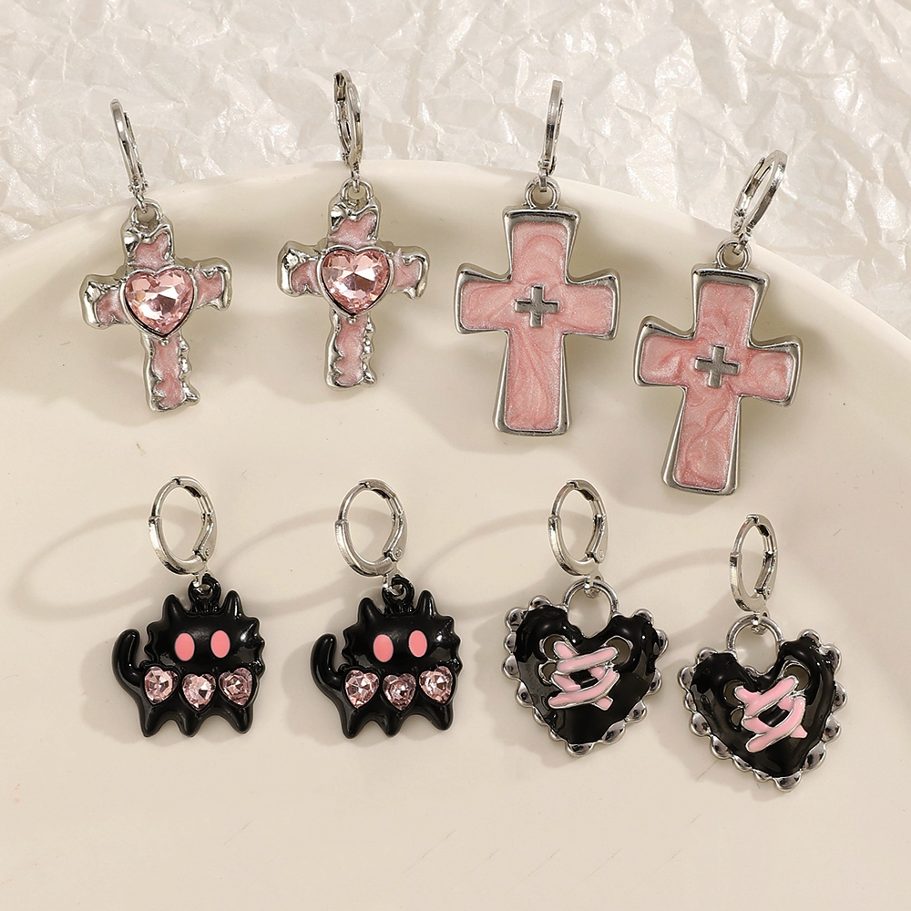 Y2K Star Heart Pink Crystal Bowknot Cross Hoop Earrings for Women Gothic Pink Charms Earrings Buckle 2000S Aesthetic Jewelry